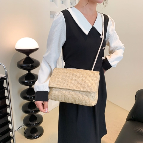 Bolso de Hombro de Paja Tejida de Moda para Mujer Bolso Bandolera de Vacaciones de Verano con Correa de Cuerda