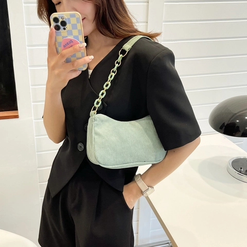 Borsa a Spalla da Donna Minimalista in Velluto a Coste Tinta Unita Borsa Sottobraccio Con Catena in Acrilico Cerniera Casual
