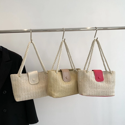 Sac Cabas en Paille Tissé de Grande Capacité pour Femmes Mode Couleur Contrastée Sac à Épaule de Plage Avec Poignée en Corde