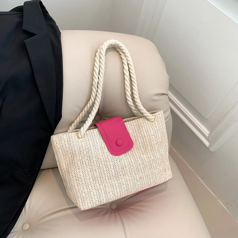 Sac Cabas en Paille Tissé de Grande Capacité pour Femmes Mode Couleur Contrastée Sac à Épaule de Plage Avec Poignée en Corde