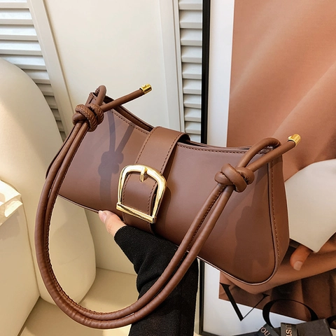 Vintage PU Leather Underarm Bag For Women Fashion Baguette Bag With Large Gold Square Buckle Knotted Shoulder Strap Minimalist Bag