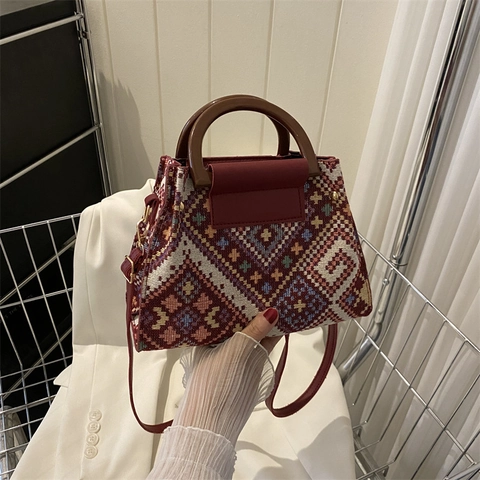 Sac À Main Tissé Ethnique Toile PU Sac Bandoulière Motif Géométrique Poignée En Bois Ronde Accessoire Vintage Pour Femmes