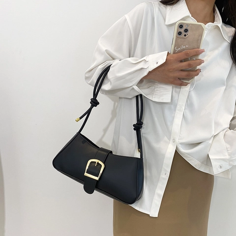 Vintage PU Leather Underarm Bag For Women Fashion Baguette Bag With Large Gold Square Buckle Knotted Shoulder Strap Minimalist Bag