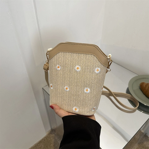 Bolso Cubo de Paja Bordado para Mujer Retazos de Cuero Artificial Bolso de Hombro Tejido Cruzado Vacaciones Bolso Diario