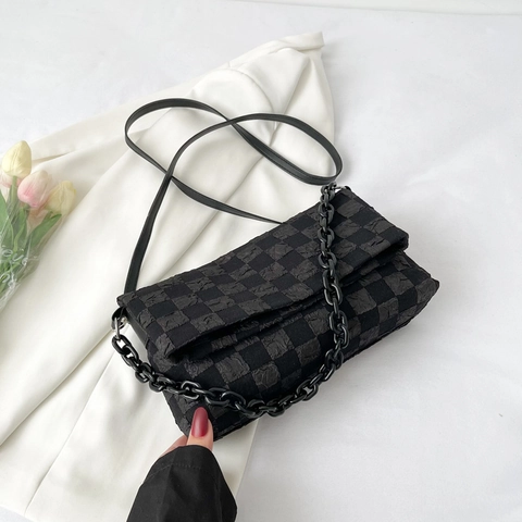 Trendy Checkerboard Canvas Shoulder Bag For Women Chunky Chain Crossbody Bag Chic Embossed Small Square Handbag Casual Daily Purse