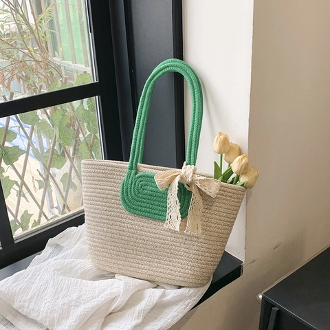 Borsa Tote in Paglia Intrecciata a Mano da Donna Con Fiocco in Pizzo Elegante Tinta Unita Estate Spiaggia Borsa a Tracolla Casual