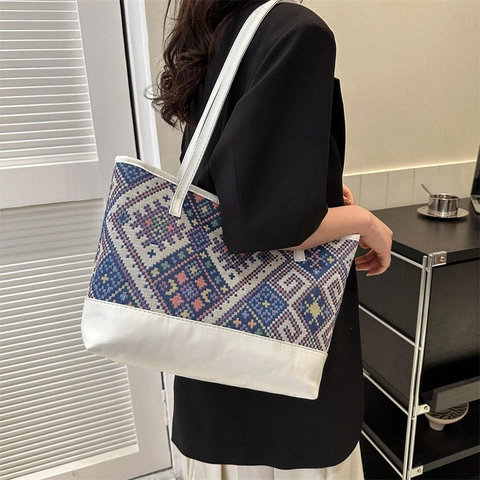 Borsa Tote da Donna a Grande Capacità Patchwork in Tessuto Intrecciato Geometrico Etnico Jacquard Casual Viaggio Scuola Borsa