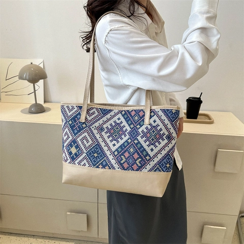 Borsa Tote da Donna a Grande Capacità Patchwork in Tessuto Intrecciato Geometrico Etnico Jacquard Casual Viaggio Scuola Borsa
