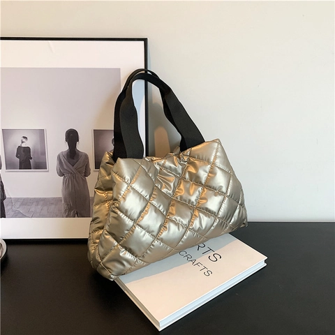Women Quilted Puffer Tote Bag Metallic Nylon Padded Shoulder Underarm Bag Large Capacity Rhombus Stitching Hobo Handbag