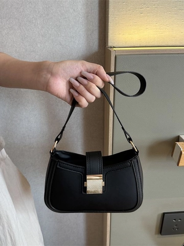 Korean Style Women PU Leather Underarm Bag Minimalist Gold Buckle Shoulder Bag Solid Color Retro Fashion Handbag Small Hobo Purse