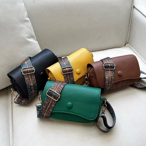 Vintage PU Leather Litchi Texture Crossbody Bag For Women Ethnic Pattern Wide Strap Small Square Shoulder Bag Daily Fashion