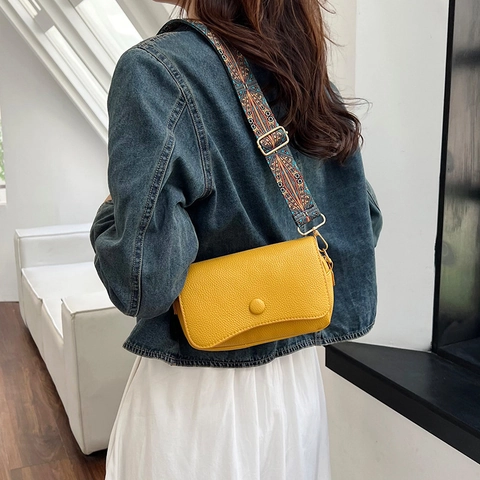 Vintage PU Leather Litchi Texture Crossbody Bag For Women Ethnic Pattern Wide Strap Small Square Shoulder Bag Daily Fashion