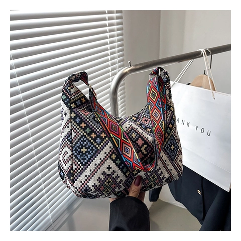 Bohemian Ethnic Style Woven Shoulder Bag For Women Vintage Geometric Pattern Niche Crossbody Bag With Wide Colorful Strap Vacation Small Square Bag