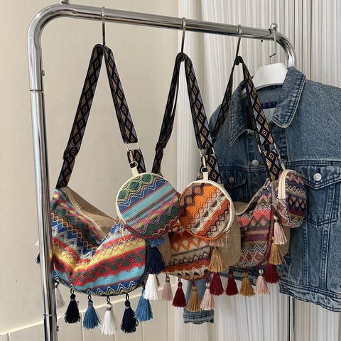 Borsa Tote Intrecciata Etnica Bohemién per Donna Grande Capacità Borsa a Spalla in Cotone Lino Con Nappina e Borsellino Tondo