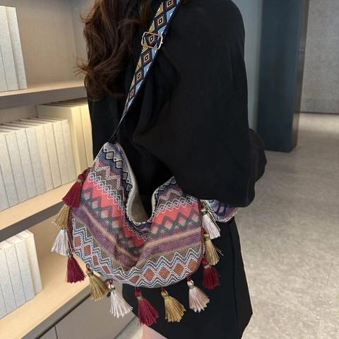 Borsa Tote Intrecciata Etnica Bohemién per Donna Grande Capacità Borsa a Spalla in Cotone Lino Con Nappina e Borsellino Tondo