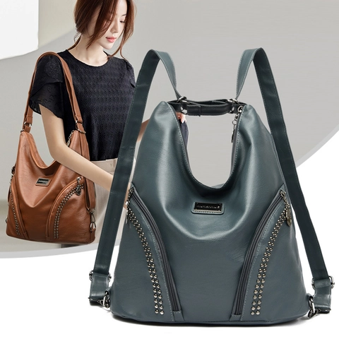 Zaino da Donna in Pelle PU con Rivetti Zaino Multifunzionale Moda Casual Borsa a Tracolla Grande Capacità Tinta Unita