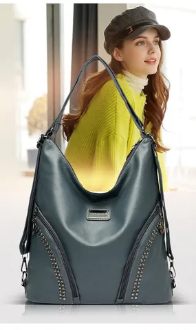 Zaino da Donna in Pelle PU con Rivetti Zaino Multifunzionale Moda Casual Borsa a Tracolla Grande Capacità Tinta Unita