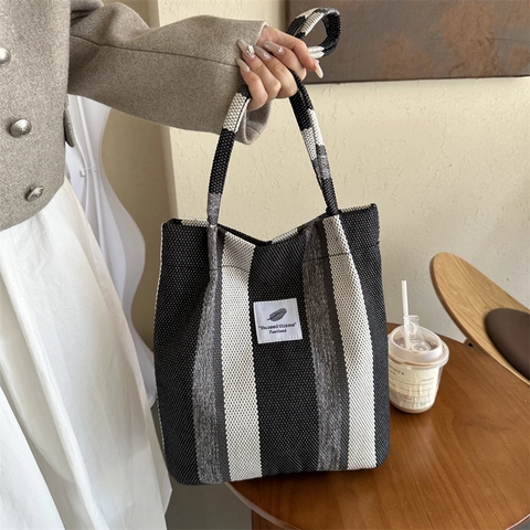Borsa Tote in Tela a Righe Per Donna Grande Capacità Borsa a Spalla Casual Borsa a Mano Versatile Per Pendolari Arredo Etichetta Moda Autunno
