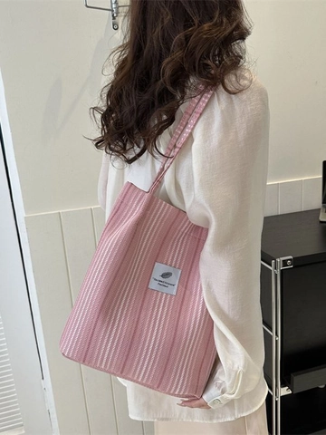 Damen Koreanisch Gestreifte Baumwolle Leinen Umhängetasche Koreanische Minimalistische Tragetasche Lässig Cord Handtasche Shopping Bag