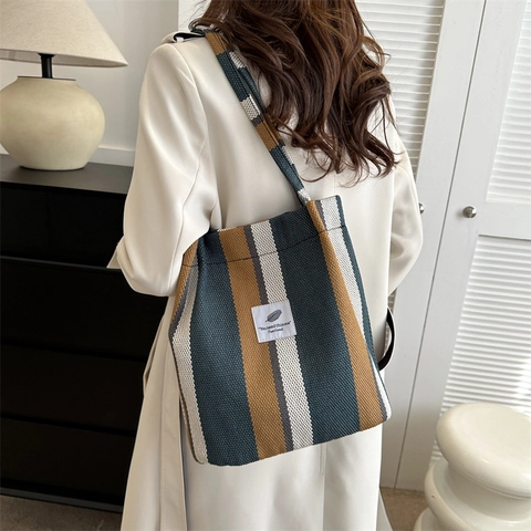 Borsa Tote in Tela a Righe Per Donna Grande Capacità Borsa a Spalla Casual Borsa a Mano Versatile Per Pendolari Arredo Etichetta Moda Autunno