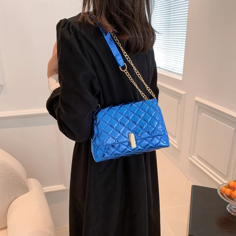 Metallic PU Diamond Quilt Underarm Bag For Women Fashion Chain Crossbody Bag Urban Simple Shoulder Bag Small Square Handbag