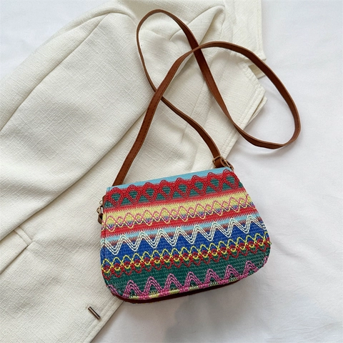 Borsa a Tracolla da Donna Intrecciata Etnica Bohemian Retrò con Motivo a Zigzag Chiusura in Metallo Cinturino in PU