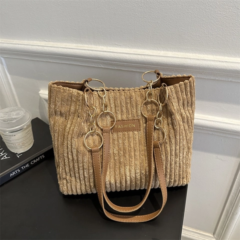 Bolso de Mano de Pana para Mujer Bolso de Hombro Acanalado Minimalista Con Cadena de Metal Retro Color Sólido Bolso Gran Capacidad