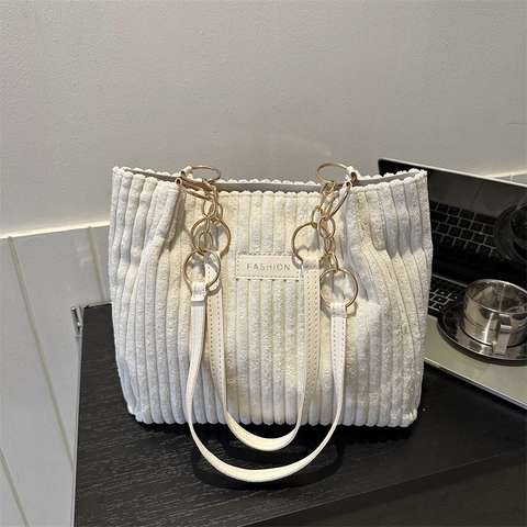 Bolso de Mano de Pana para Mujer Bolso de Hombro Acanalado Minimalista Con Cadena de Metal Retro Color Sólido Bolso Gran Capacidad