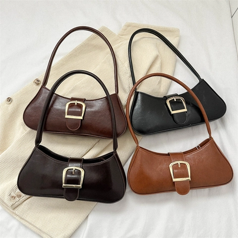 Women's Vintage PU Leather Underarm Hobo Bag Solid Color Shoulder Handbag With Gold Metal Buckle Fashion Daily Bag