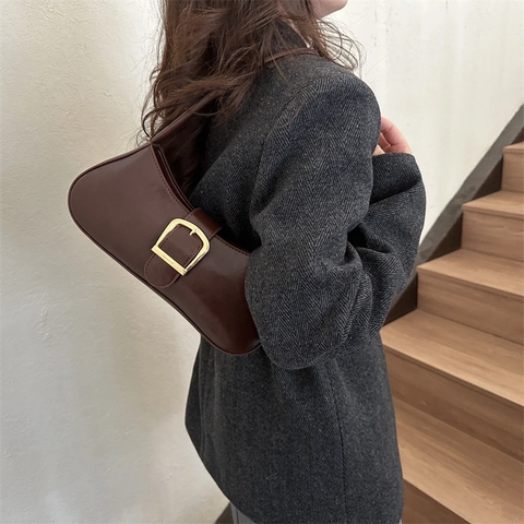 Women's Vintage PU Leather Underarm Hobo Bag Solid Color Shoulder Handbag With Gold Metal Buckle Fashion Daily Bag