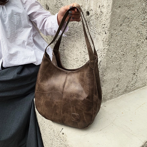 Vintage Dέρμα PU Megalis Choritikotitas Tote Bag Gia Gynaikes Patchwork Hobo Tsanta Omoou Casual Handbag