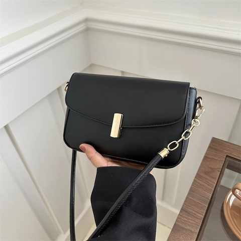 Vintage Minimalistische Dames PU Leer Crossbodytas Goud Metalen Slot Stiksels Ketting Schouderriem Mode Vierkante Messenger Handtas