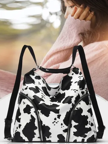 Set Zaino Donna Moda Stampa Muccata Zebra in Tessuto Oxford Borsa Multifunzionale a Tracolla Tote Set Due Pezzi Retro Zainetto