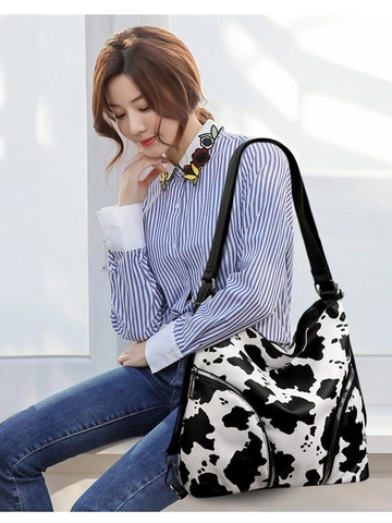 Set Zaino Donna Moda Stampa Muccata Zebra in Tessuto Oxford Borsa Multifunzionale a Tracolla Tote Set Due Pezzi Retro Zainetto