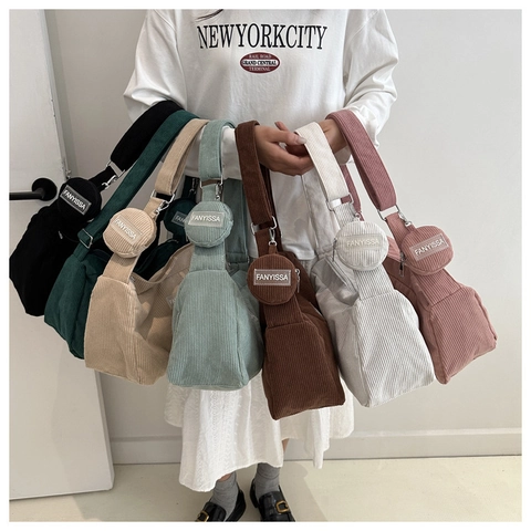 Sac Bandoulière en PU Minimaliste pour Femmes Avec Texture Velours Côtelé Style Urbain Hobo Sac Sous le Bras Et Mini Porte-monnaie