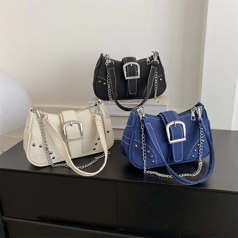 Vintage Damen Nylon Achseltasche Y2K Punk Schultertasche Mit Metallschnalle Nieten Kette Deko Retro Street Baguette Tasche