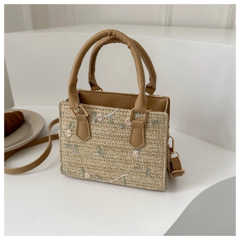 Women Floral Embroidery Straw Woven Tote Bag Small Square Rural Style Crossbody Shoulder Bag For Summer Vacation Travel