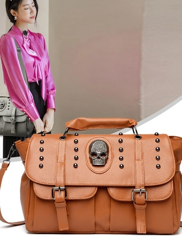 Borsa a Mano Gotica Punk Con Teschio e Borchie per Donna in Pelle PU Vintage Texture Litchi Con Tracolla Regolabile