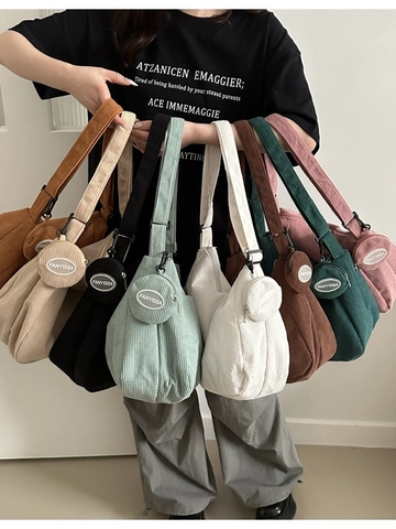 Women Corduroy Shoulder Bag With Round Purse Large Capacity Hobo Bag Ribbed Fabric Crossbody Bag Casual Daily Underarm Bag