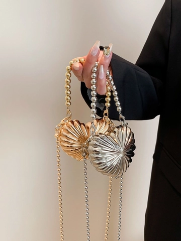 Mini Sac Bandoulière En Métal En Forme De Cœur Pour Femme Texture Radiante Coquille Sac De Soirée Élégant Petit Sac À Main