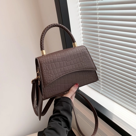 Bolso de Mano para Mujer con Patrón de Cocodrilo Moda Cuero PU Bolso de Bandolera Cuadrado Con Asa Tejida y Mini Monedero