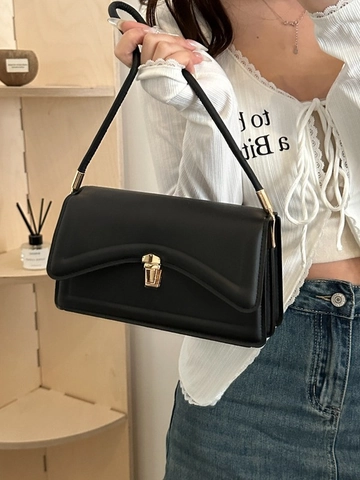 Bolso de Axila de Cuero PU Minimalista para Mujer Bolso de Hombro con Cierre Dorado Retro Bolso de Mano Cuadrado con Solapa Color Sólido Moda