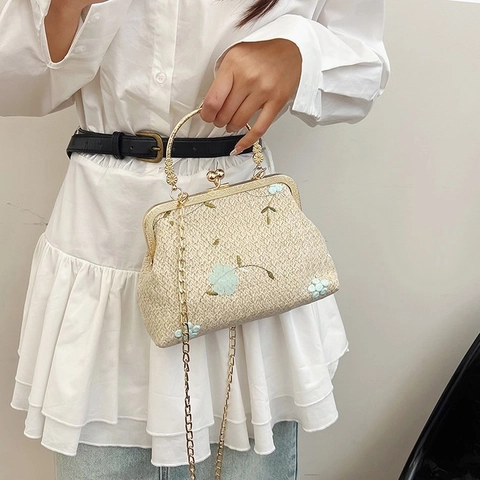Vintage Damen Schultertasche Mit Blumenstickerei Gewebte Tasche Goldener Schnappverschluss Metallgriff Kette Retro Umhängetasche
