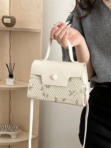 Borsa a Mano Vintage in Paglia Intrecciata da Donna Ricamo Floreale Pizzo Pelle PU Splicing Quadrato Borsa a Tracolla Manico Singolo