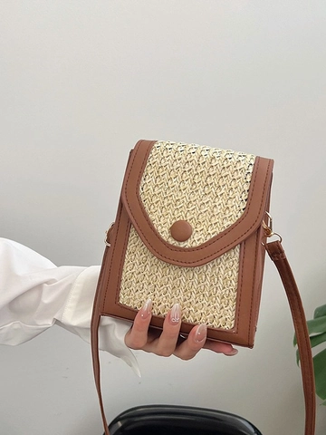 Vrouwen Stro Geweven PU Leer Patchwork Mobiele Telefoontas Casual Crossbody Schoudertas Met Ronde Gesp Verstelbare Riem
