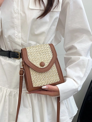 Vrouwen Stro Geweven PU Leer Patchwork Mobiele Telefoontas Casual Crossbody Schoudertas Met Ronde Gesp Verstelbare Riem
