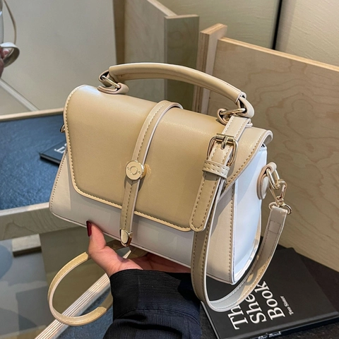 Bolso de Mano Vintage Bloque de Color de Cuero PU para Mujer Pequeño Bolso Cuadrado de Hombro Con Hebilla de Metal Bolso Diario