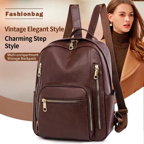 Zaino da Donna alla Moda in Pelle PU Grande Capacità Multi-Tasca Retro Urban Minimalista Borsa da Viaggio per Donna