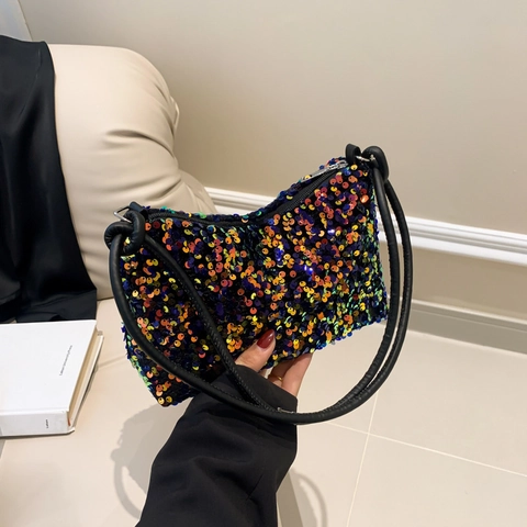 Sequin Underarm Bag For Women Shiny Glitter Shoulder Handbag For Evening Party Fashionable Small Baguette Purse