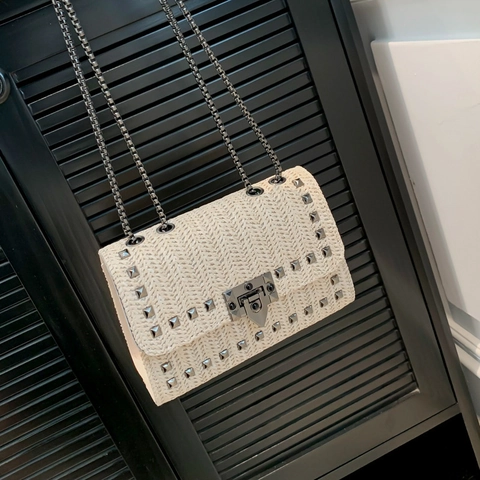 Women Trendy Straw Woven Crossbody Bag Quilted Square Handbag With Metal Studs And Chain Strap Casual Vacation Shoulder Bag